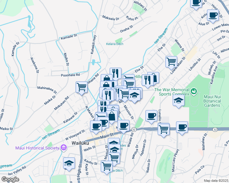 map of restaurants, bars, coffee shops, grocery stores, and more near 1866 Wili Pa Loop in Wailuku