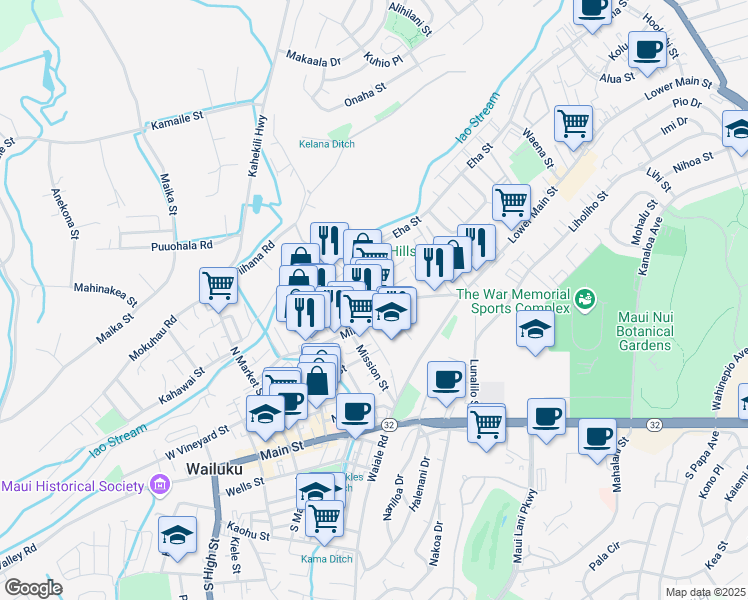 map of restaurants, bars, coffee shops, grocery stores, and more near 220 Imi Kala Street in Wailuku