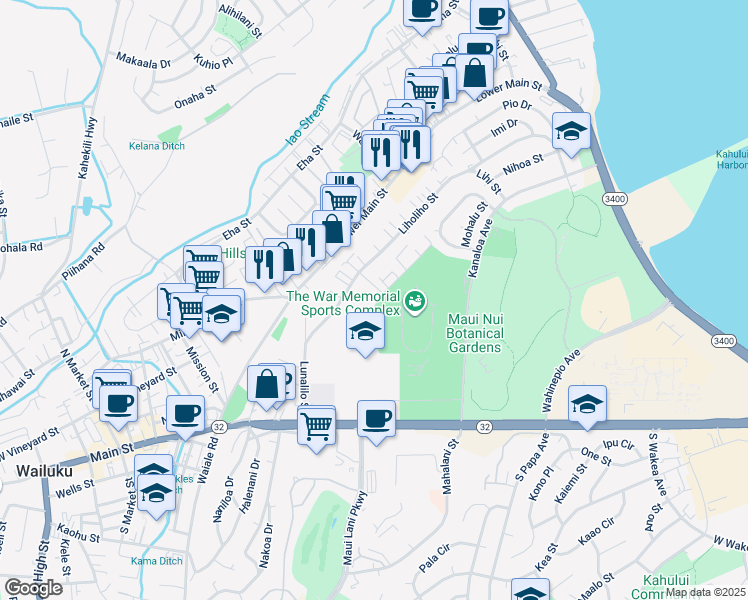 map of restaurants, bars, coffee shops, grocery stores, and more near 281 Leleihoku Street in Wailuku