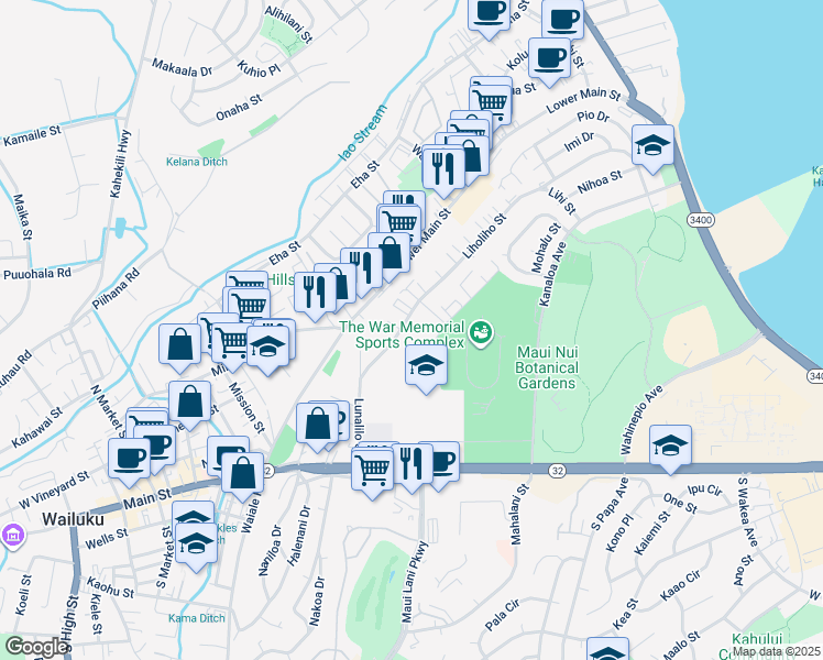 map of restaurants, bars, coffee shops, grocery stores, and more near 242 Liholiho Street in Wailuku