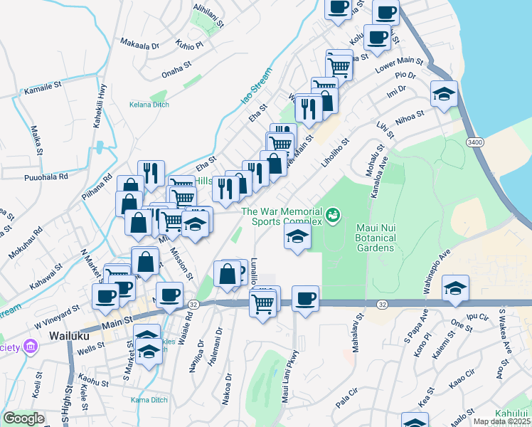 map of restaurants, bars, coffee shops, grocery stores, and more near 209 Liholiho Street in Wailuku