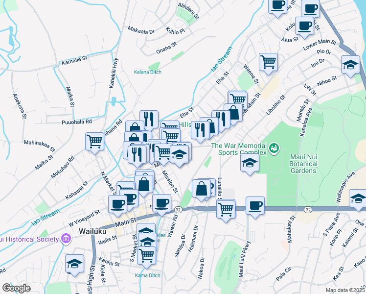 map of restaurants, bars, coffee shops, grocery stores, and more near 1600 Mill Street in Wailuku