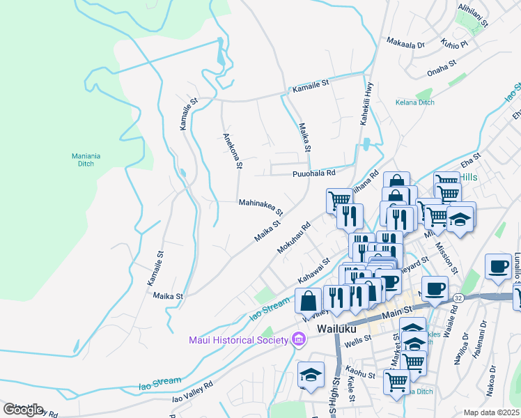 map of restaurants, bars, coffee shops, grocery stores, and more near 2173 Mahinakea Street in Wailuku