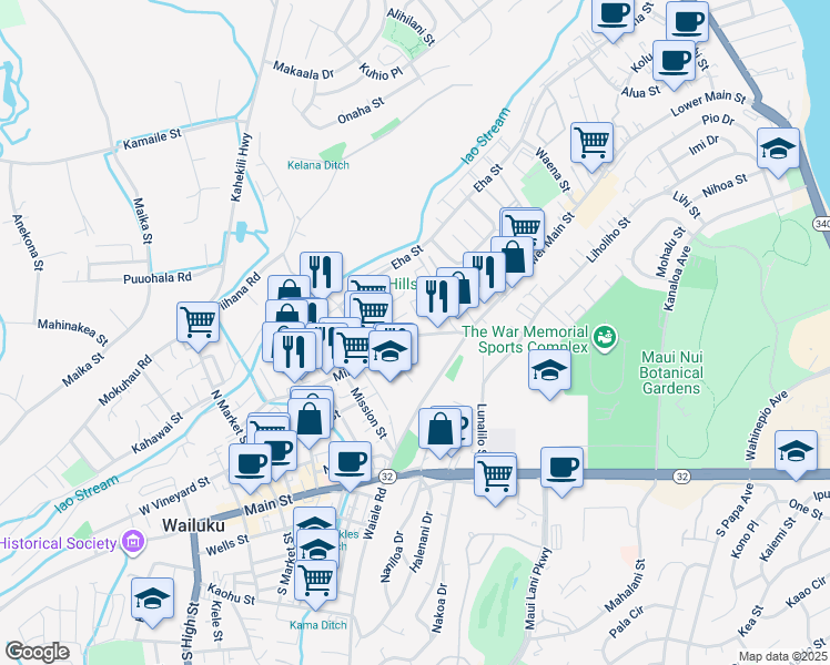 map of restaurants, bars, coffee shops, grocery stores, and more near 1600 Mill Street in Wailuku