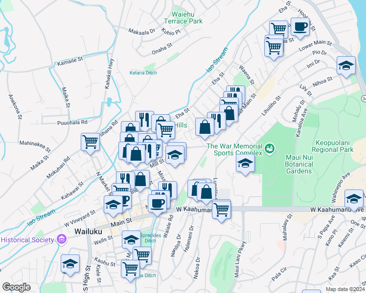 map of restaurants, bars, coffee shops, grocery stores, and more near 1598 Mill Street in Wailuku