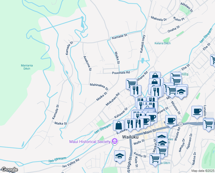 map of restaurants, bars, coffee shops, grocery stores, and more near 2116 Mahinakea Street in Wailuku