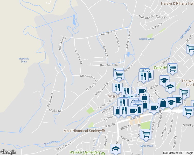 map of restaurants, bars, coffee shops, grocery stores, and more near 2116 Mahinakea Street in Wailuku