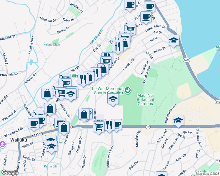 map of restaurants, bars, coffee shops, grocery stores, and more near 250 Liholiho Street in Wailuku