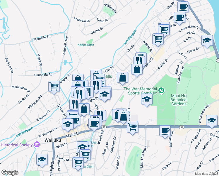 map of restaurants, bars, coffee shops, grocery stores, and more near 1600 Mill Street in Wailuku