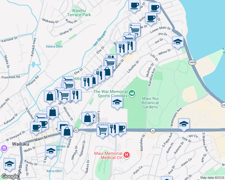 map of restaurants, bars, coffee shops, grocery stores, and more near 216 Liholiho Street in Wailuku