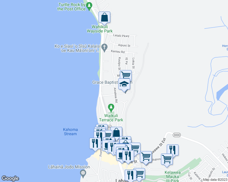map of restaurants, bars, coffee shops, grocery stores, and more near 1491 Ainakea Road in Lahaina