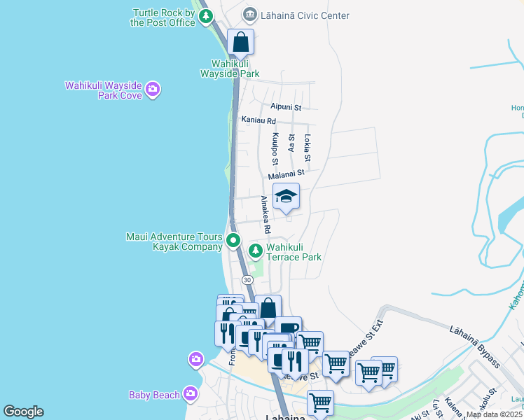 map of restaurants, bars, coffee shops, grocery stores, and more near 1491 Ainakea Road in Lahaina