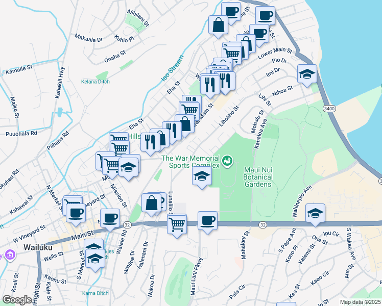 map of restaurants, bars, coffee shops, grocery stores, and more near 255 Liholiho Street in Wailuku
