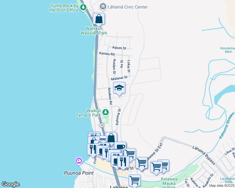 map of restaurants, bars, coffee shops, grocery stores, and more near 155 Fleming Road in Lahaina