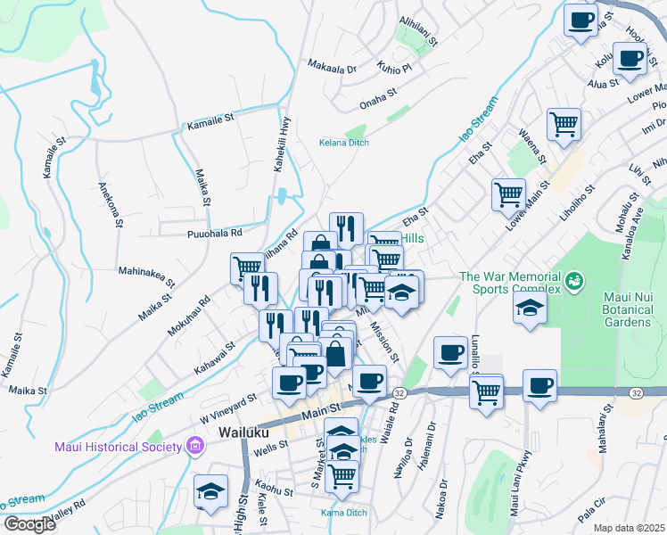 map of restaurants, bars, coffee shops, grocery stores, and more near 1863 Wili Pa Loop in Wailuku