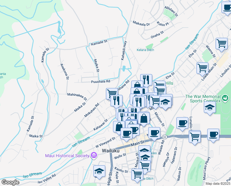 map of restaurants, bars, coffee shops, grocery stores, and more near 1835 Piihana Road in Wailuku