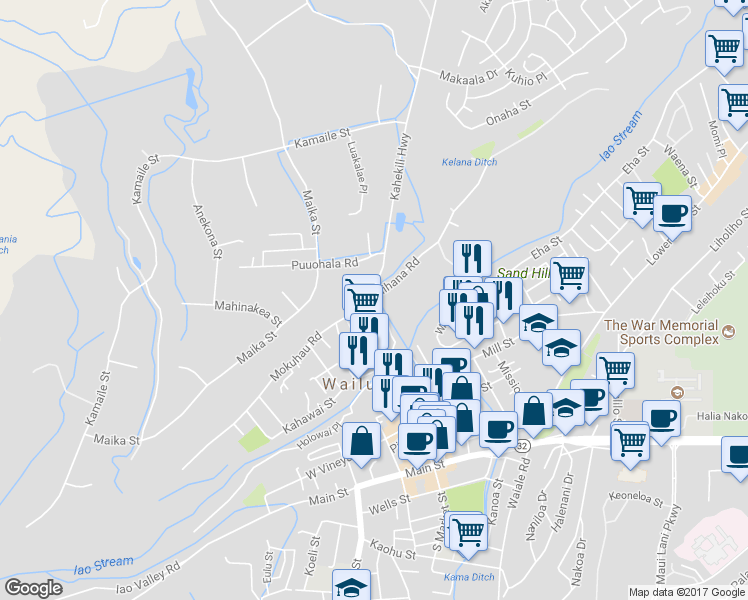 map of restaurants, bars, coffee shops, grocery stores, and more near 1835 Piihana Road in Wailuku