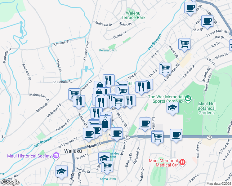 map of restaurants, bars, coffee shops, grocery stores, and more near 1887 Wili Pa Loop in Wailuku