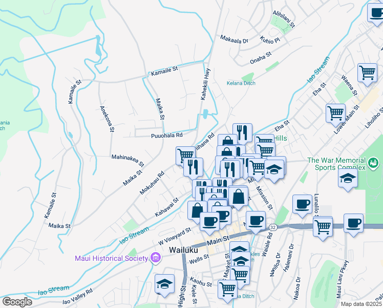 map of restaurants, bars, coffee shops, grocery stores, and more near 1835 Piihana Road in Wailuku
