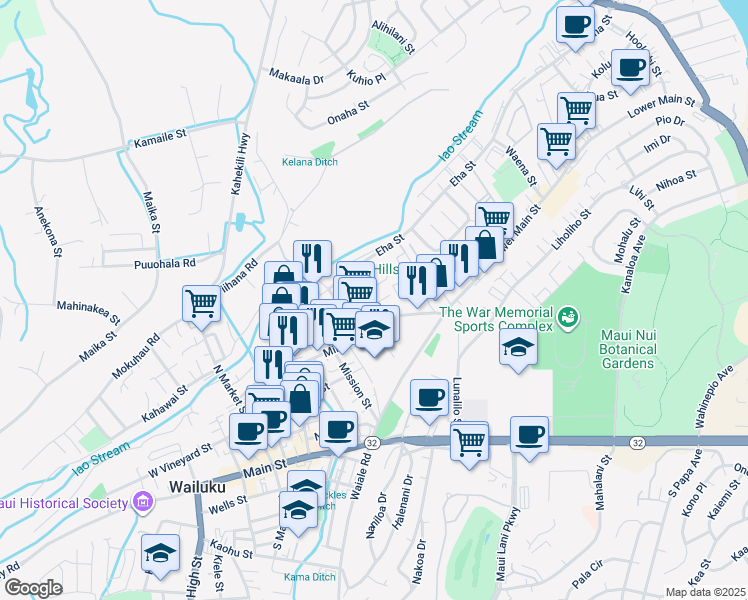 map of restaurants, bars, coffee shops, grocery stores, and more near 1610 Wili Place in Wailuku