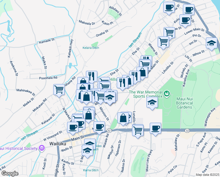 map of restaurants, bars, coffee shops, grocery stores, and more near 1610 Wili Place in Wailuku