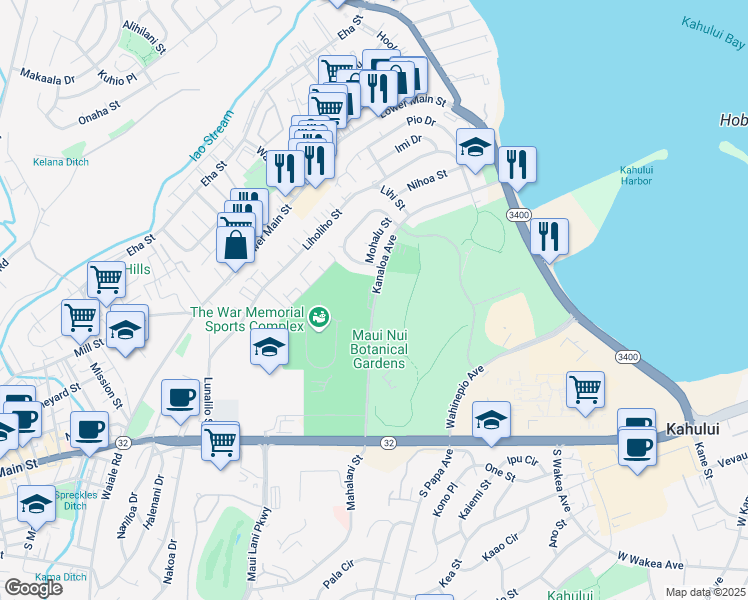map of restaurants, bars, coffee shops, grocery stores, and more near 264 Kanaloa Avenue in Kahului