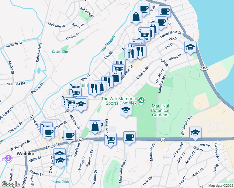 map of restaurants, bars, coffee shops, grocery stores, and more near 255 Liholiho Street in Wailuku