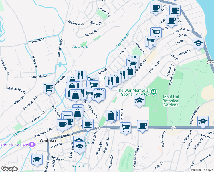 map of restaurants, bars, coffee shops, grocery stores, and more near 51 Ainaola Street in Wailuku