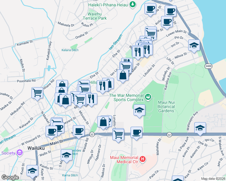 map of restaurants, bars, coffee shops, grocery stores, and more near 1406 Lower Main Street in Wailuku