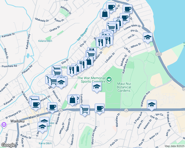 map of restaurants, bars, coffee shops, grocery stores, and more near 271 Liholiho Street in Wailuku
