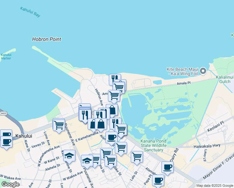 map of restaurants, bars, coffee shops, grocery stores, and more near 90 Amala Place in Kahului