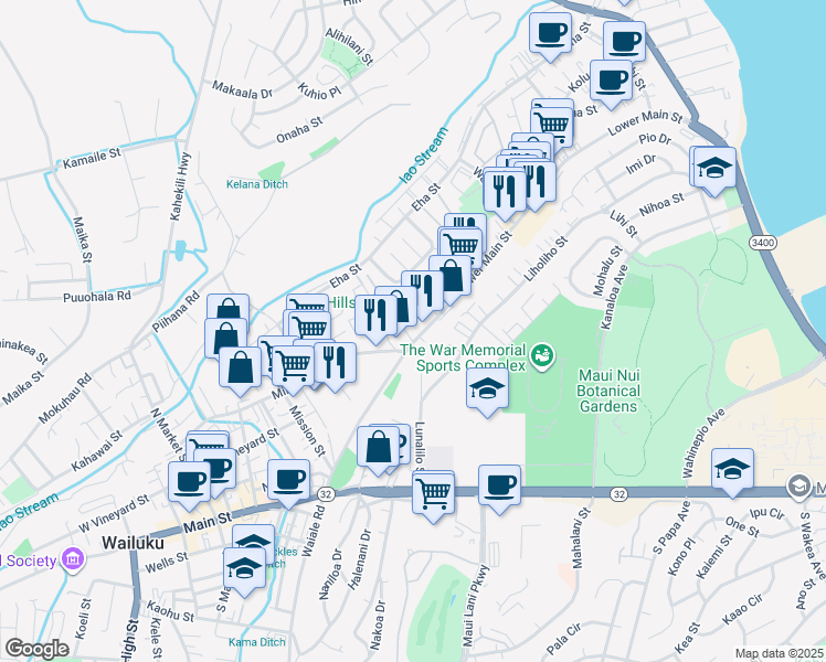 map of restaurants, bars, coffee shops, grocery stores, and more near 1464 Lower Main Street in Wailuku