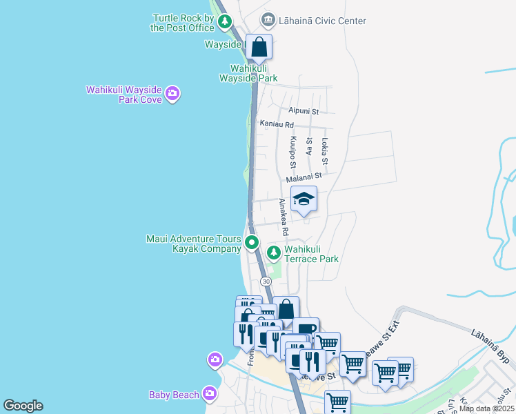map of restaurants, bars, coffee shops, grocery stores, and more near 125 Wahikuli Road in Lahaina