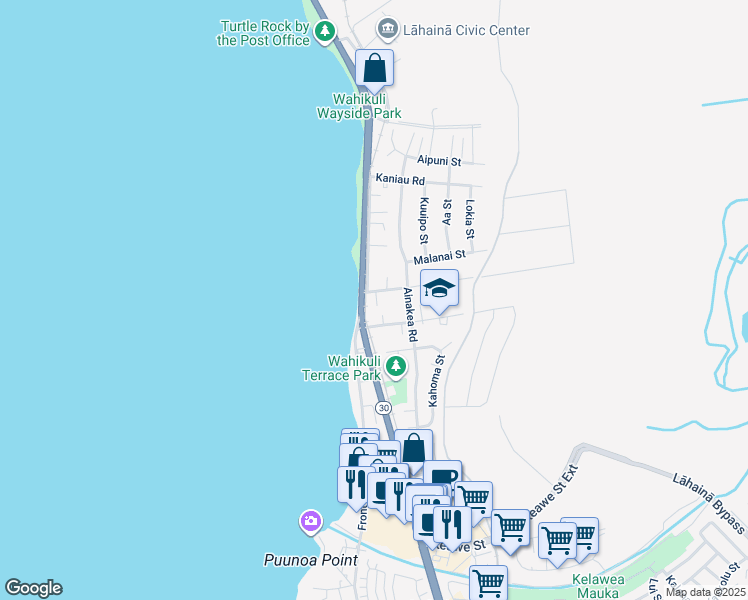 map of restaurants, bars, coffee shops, grocery stores, and more near 104 Wahikuli Road in Lahaina