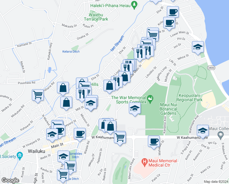 map of restaurants, bars, coffee shops, grocery stores, and more near 1464 Lower Main Street in Wailuku