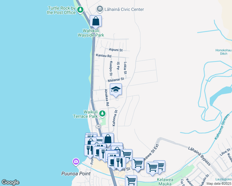 map of restaurants, bars, coffee shops, grocery stores, and more near 176 Wahikuli Road in Lahaina