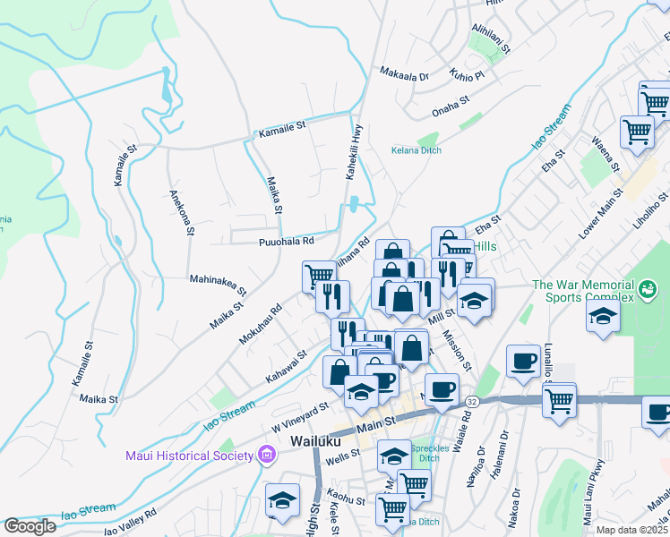 map of restaurants, bars, coffee shops, grocery stores, and more near 1820 Piihana Road in Wailuku