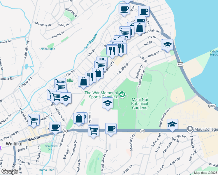 map of restaurants, bars, coffee shops, grocery stores, and more near 1662 Kalama Street in Wailuku
