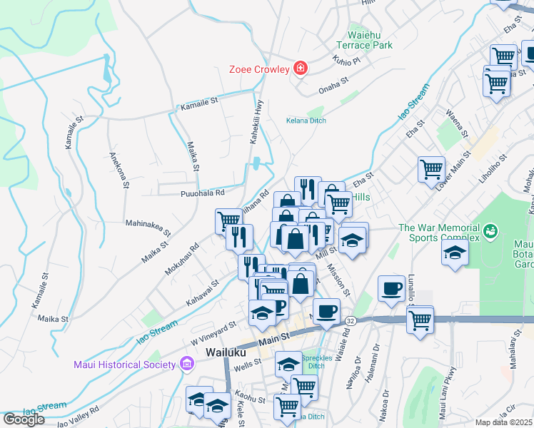 map of restaurants, bars, coffee shops, grocery stores, and more near 365 Kapanui Place in Wailuku