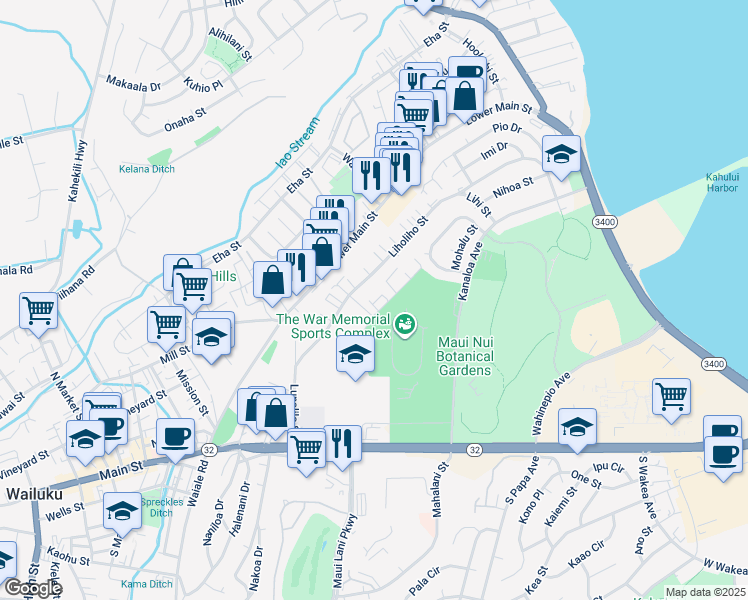map of restaurants, bars, coffee shops, grocery stores, and more near 319 Leleihoku Street in Wailuku