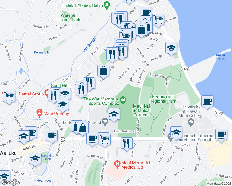 map of restaurants, bars, coffee shops, grocery stores, and more near 331 Leleihoku Street in Wailuku