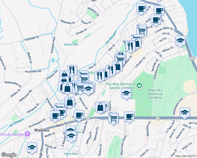 map of restaurants, bars, coffee shops, grocery stores, and more near 48 Ainaola Street in Wailuku
