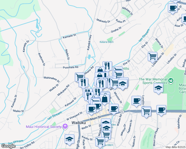 map of restaurants, bars, coffee shops, grocery stores, and more near 365 Kapanui Place in Wailuku