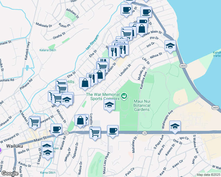 map of restaurants, bars, coffee shops, grocery stores, and more near 1662 Kalama Street in Wailuku