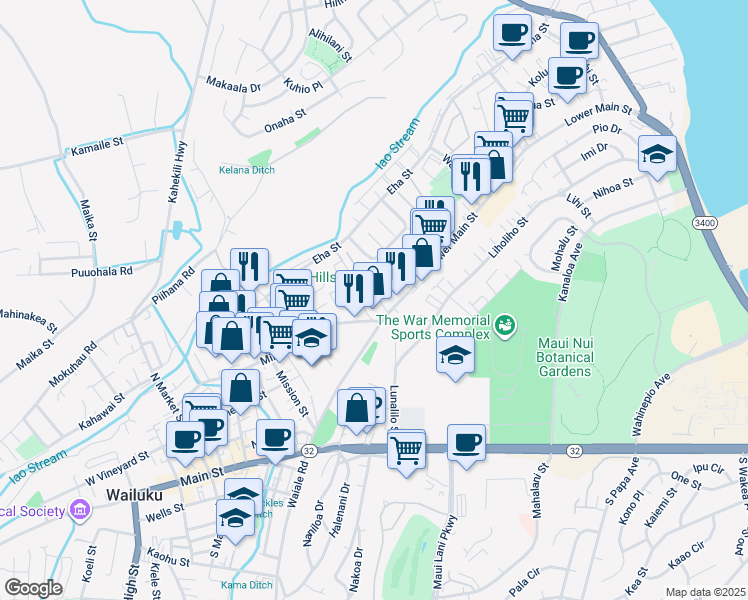 map of restaurants, bars, coffee shops, grocery stores, and more near 231 Ainahou Place in Wailuku