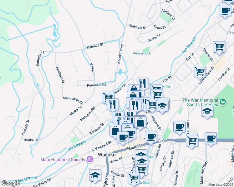 map of restaurants, bars, coffee shops, grocery stores, and more near 1809 Piihana Road in Wailuku