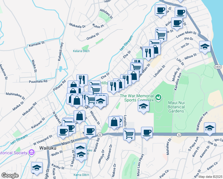 map of restaurants, bars, coffee shops, grocery stores, and more near 62 Ainaola Street in Wailuku