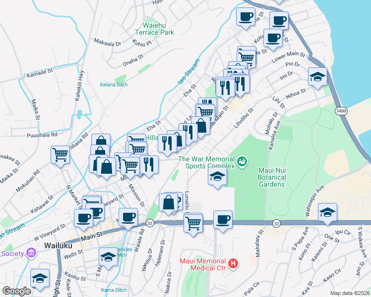 map of restaurants, bars, coffee shops, grocery stores, and more near 1440 Lower Main Street in Wailuku