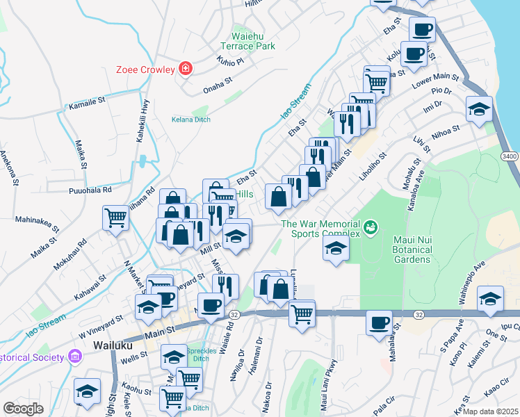 map of restaurants, bars, coffee shops, grocery stores, and more near 62 Ainaola Street in Wailuku