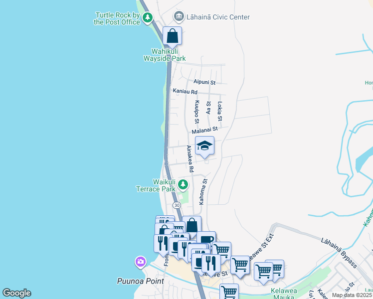 map of restaurants, bars, coffee shops, grocery stores, and more near 130 Wahikuli Road in Lahaina